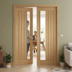 Premium Offset Glazed Fully Finished Door Pair with Raised Mouldings and Vertical Grooves for Natural Light and Privacy