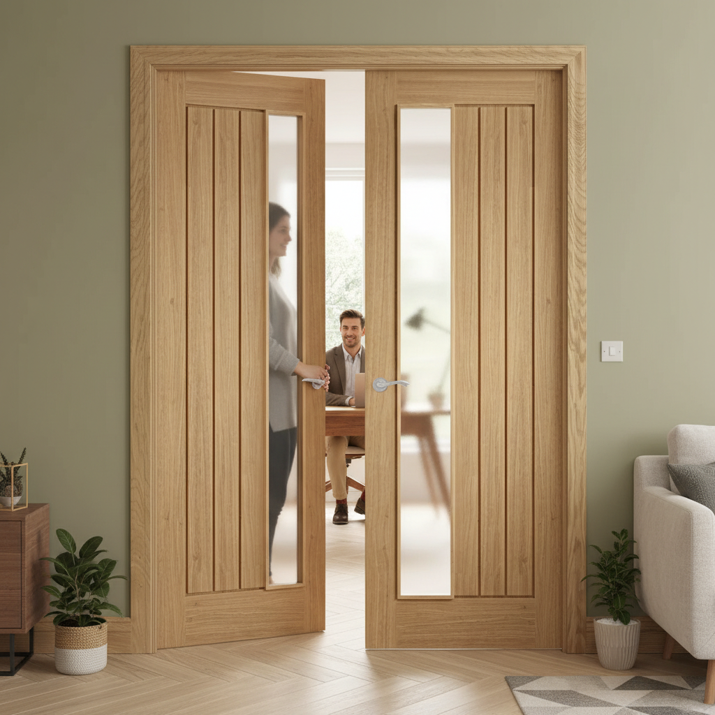 Premium Offset Glazed Fully Finished Door Pair with Raised Mouldings and Vertical Grooves for Natural Light and Privacy