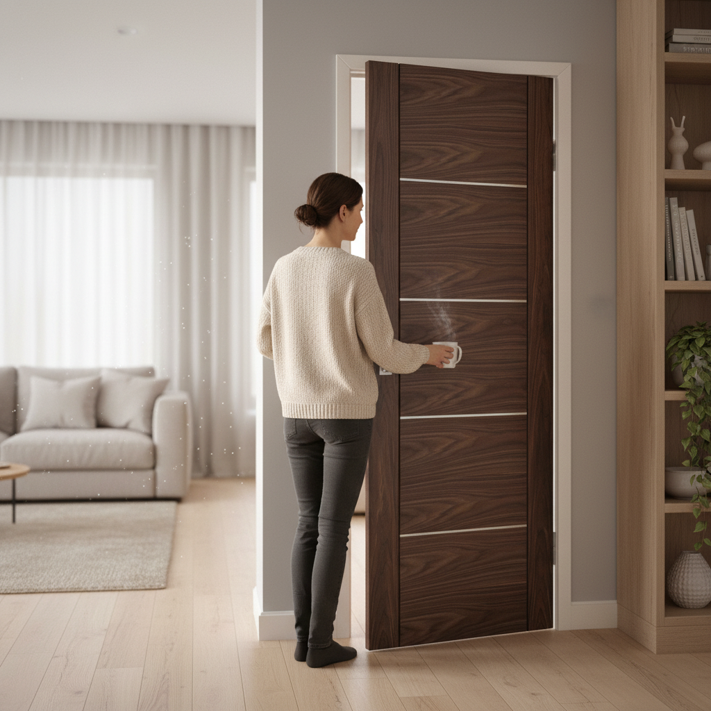 Internal Walnut Fully Finished 5 Panel Door with Solid Engineered Core and Trimming Capability - Image 2