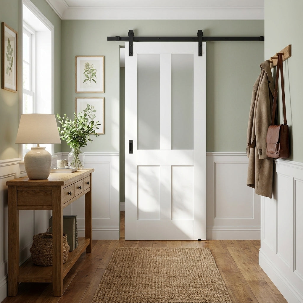 Internal White Victorian Sliding Door with 2 Panel 2 Light Obscure Glass, Primed