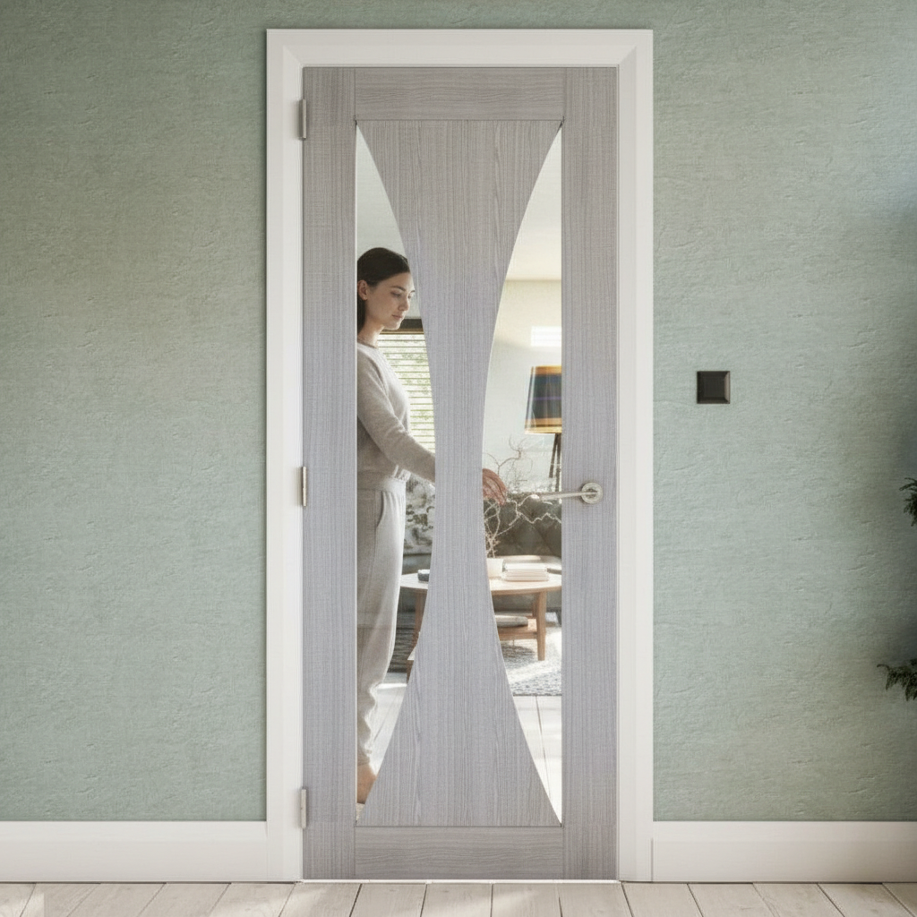 Premium Clear Glazed Grey Interior Door with Real Light Grey Ash Veneer and Solid Core Construction, Prefinished for Contemporary Style