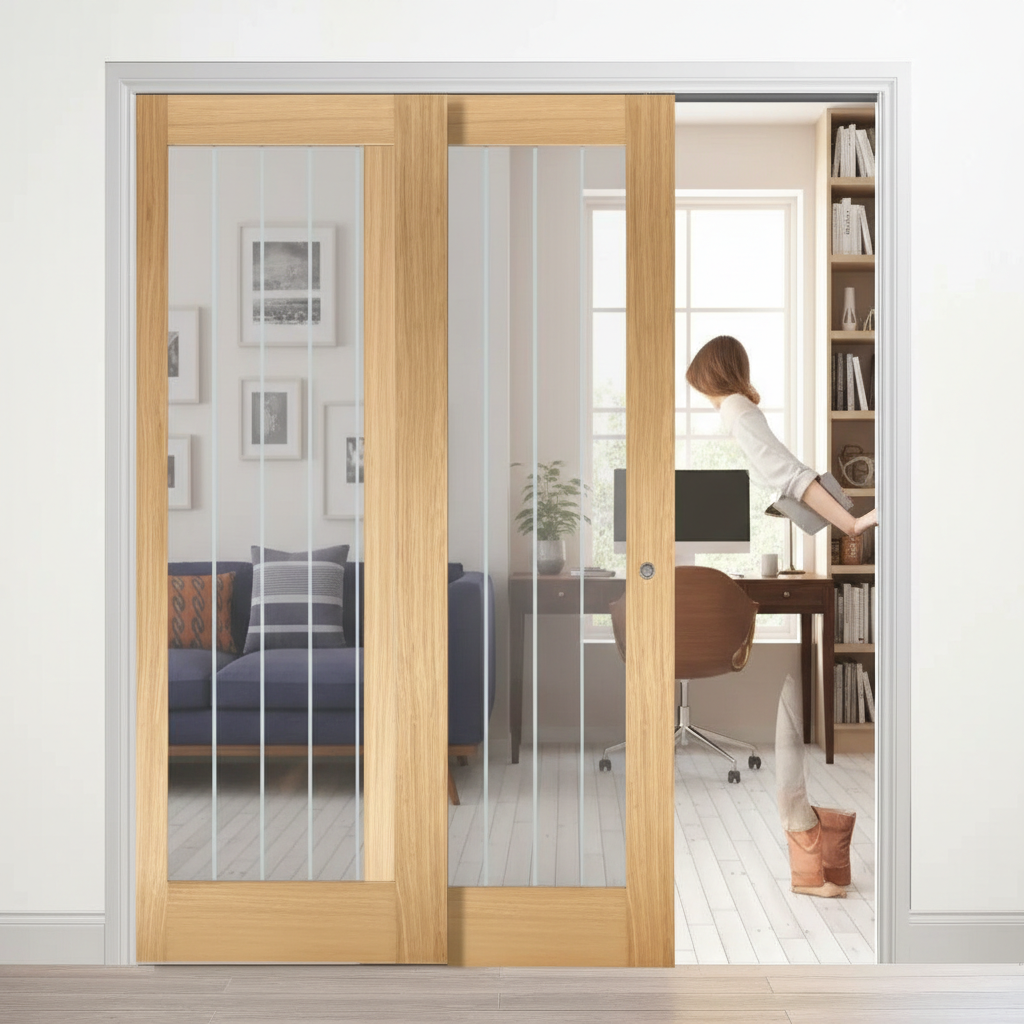 Professional Oak Glazed Telescopic Pocket Door System with Clear Panels and 15-Year Guarantee