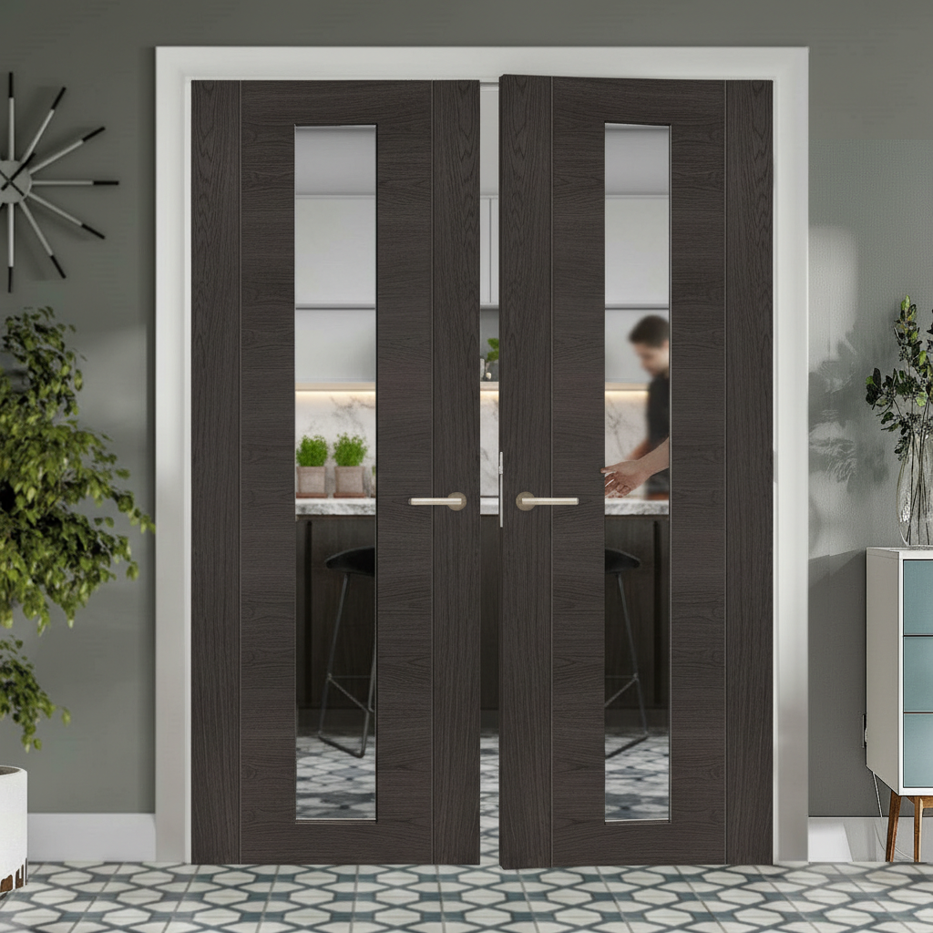 Premium Contemporary Clear Glazed Door Pair with Laminated Wood Finish and Low Maintenance Design