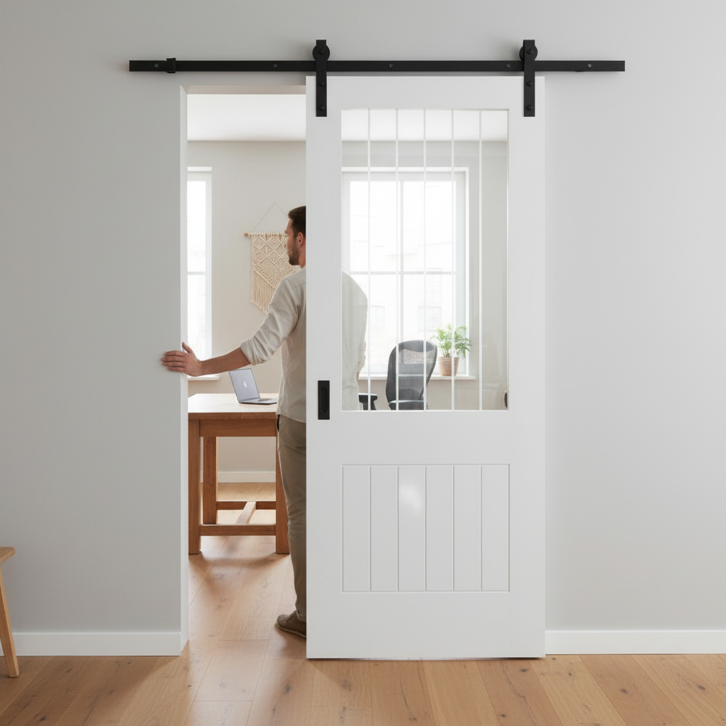 Premium White Internal Primed Cottage 1 Light Sliding Door with Etched Glass and Black Steel Track for Space-Efficient Design - Image 2