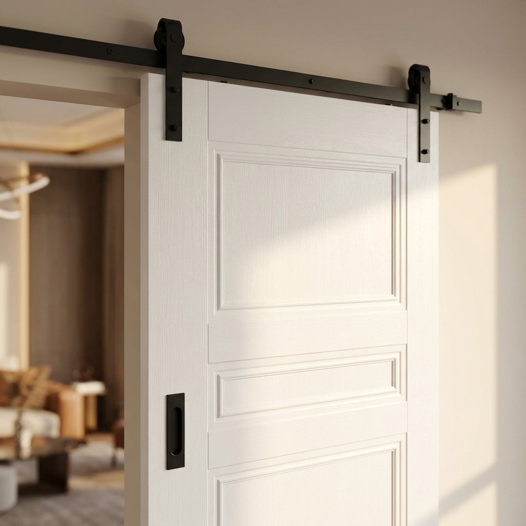 White Internal Sliding Door with Primed Finish and Black Face Mounted - detail view