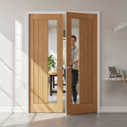 Premium Internal Oak Pair Doors with Clear Offset Glass Panel - Fully Finished, Durable Design for Modern Interiors