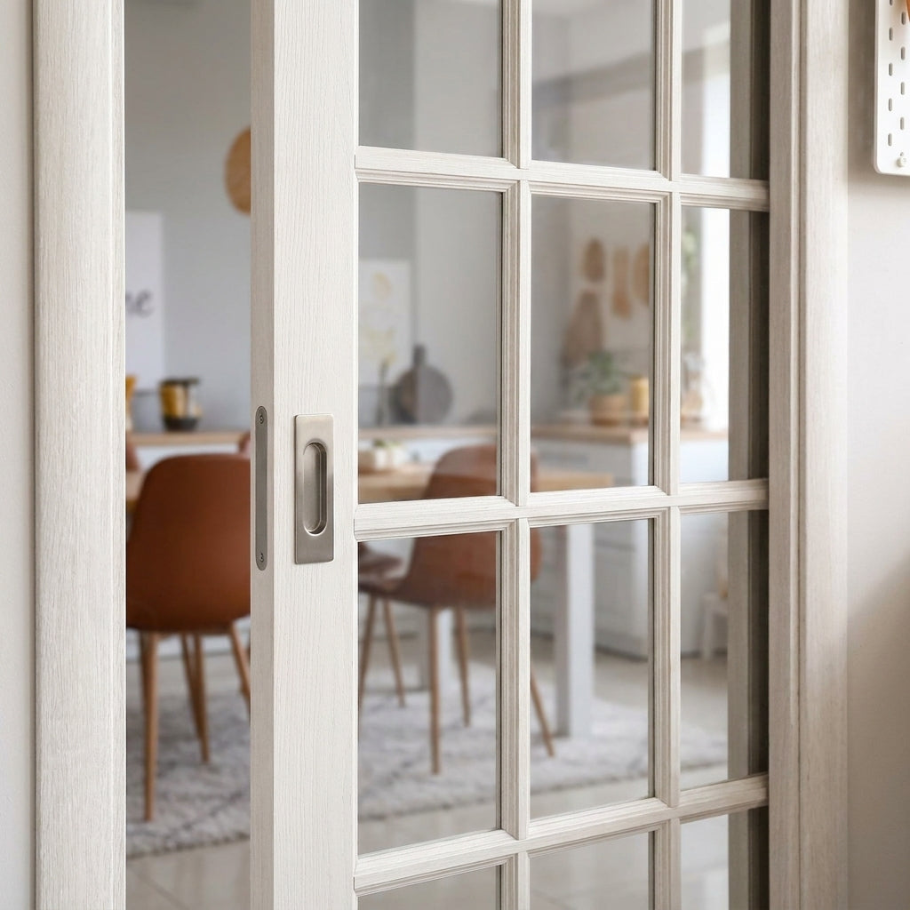 Internal Pocket Door Set with 15 Light Clear Glass, White Primed, Solid Core - detail view