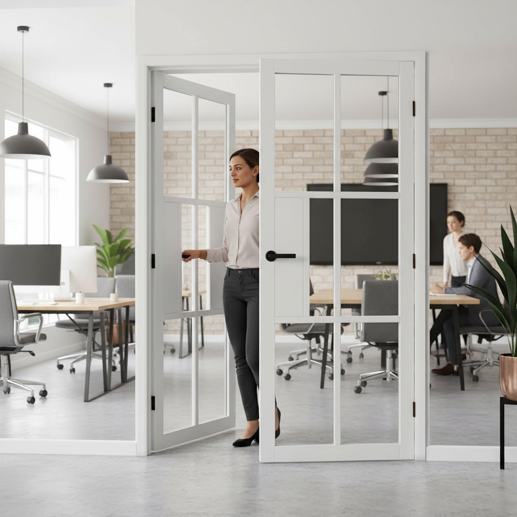 Premium Industrial Style White Glazed Door Pair with Clear Safety Glass and Minimalistic Design for Modern Interiors