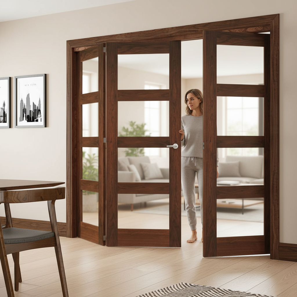 Professional Clear Glazed Room Divider with Bifold Doors and Top Hung System for Flexible Space Management