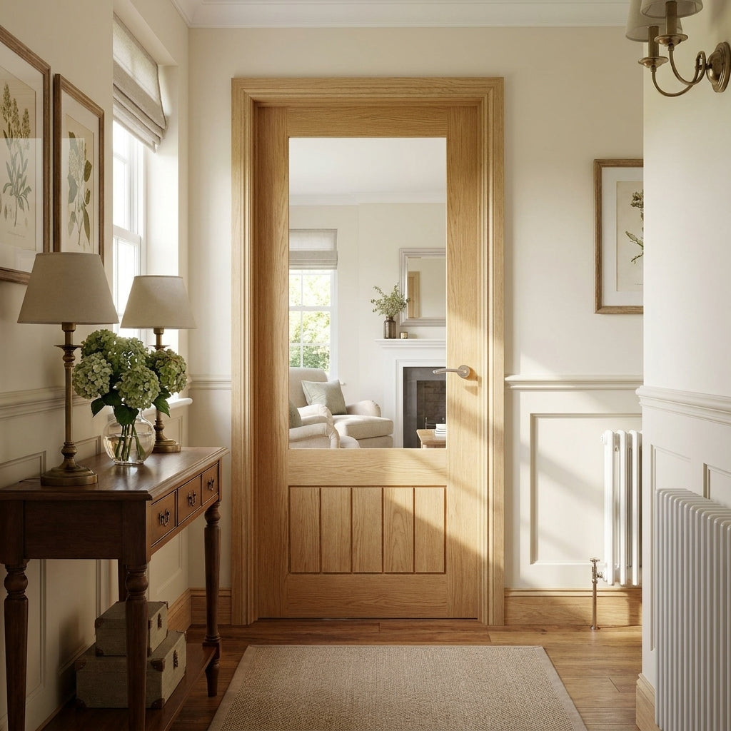 Oak Internal Door Fully Finished with Clear Obscure Lined Glass