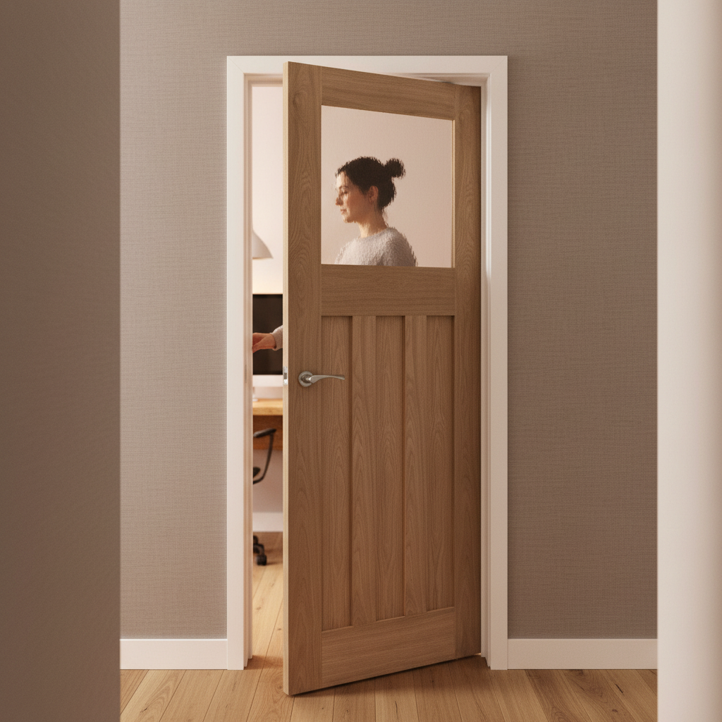 Unfinished Internal Oak Door with 3 Panels and 1 Pane of Obscure Glass for Renovation Projects - Image 2