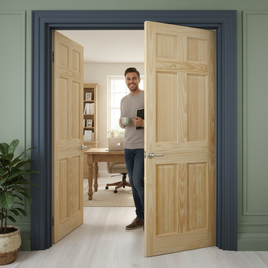 Unfinished Clear Pine 6 Panel Pair Door Set for Custom Interiors - High-Quality Professional Grade for Industrial and...