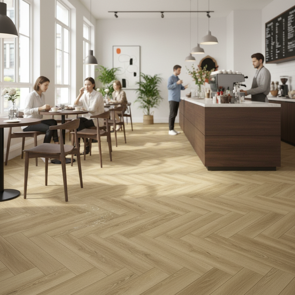 Premium 5mm Embossed Purecoat Rigid Core Vinyl Flooring in Herringbone Oak Design for High Traffic Areas