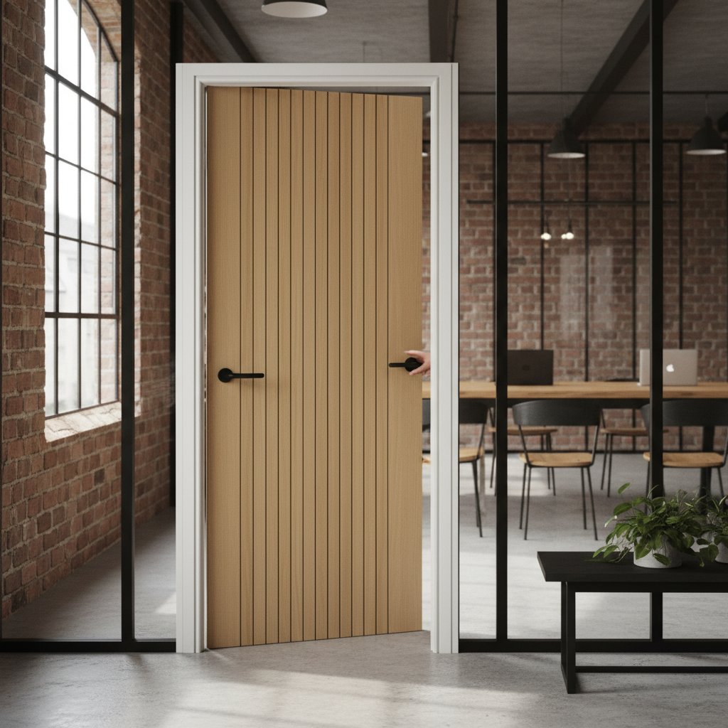 Premium Oak Fluted Fire Door with Solid Core Construction and FD30 Fire Rating for Elegant Interior Design