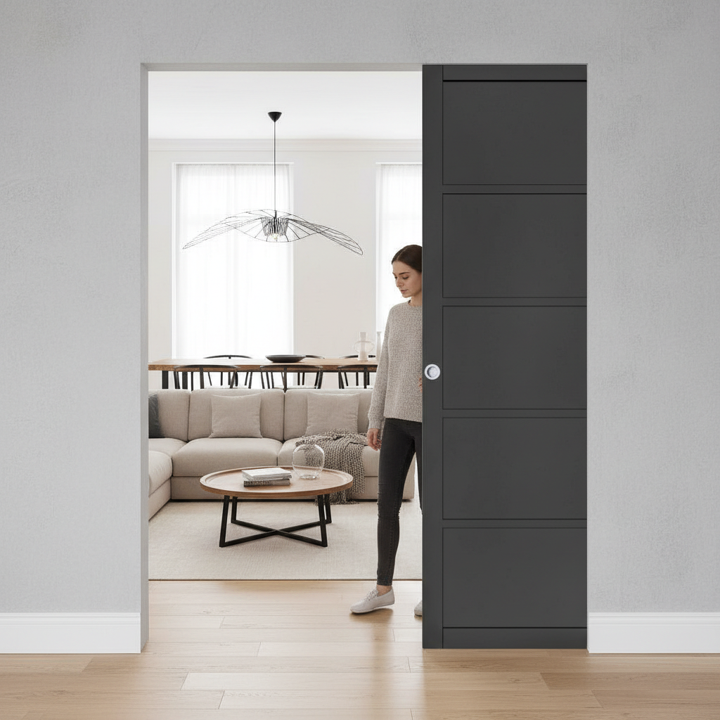 Premium 5 Panel Double Flush Pocket Door Set with No Bottom Track, Space-Saving Design, and 15-Year Guarantee