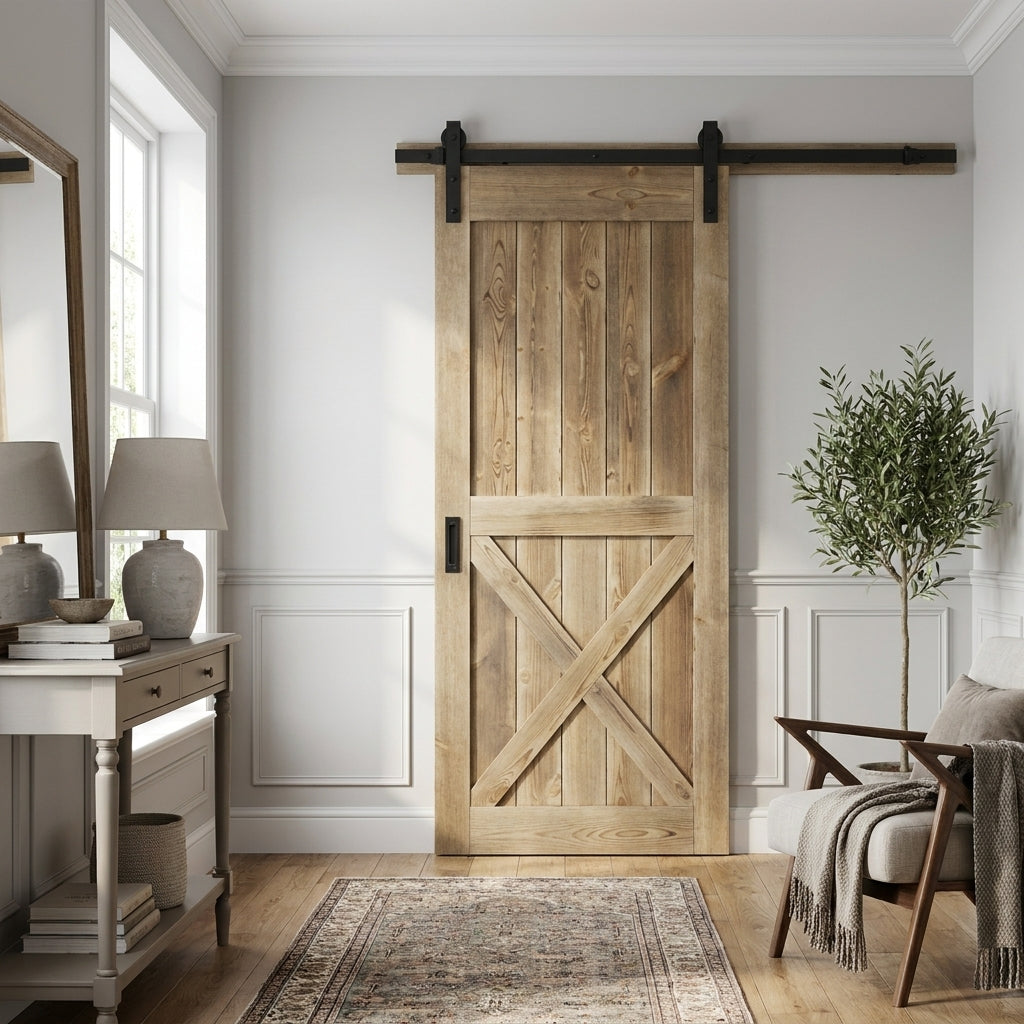 Internal Pine Barn Door, Carbonised, 1 Panel X Brace, Unfinished
