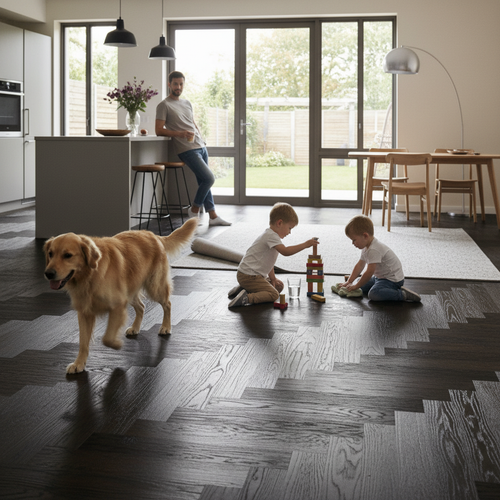 Premium 18mm Brushed and Oiled Solid Real Wood Flooring in Dark Oak Herringbone Style - Image 2