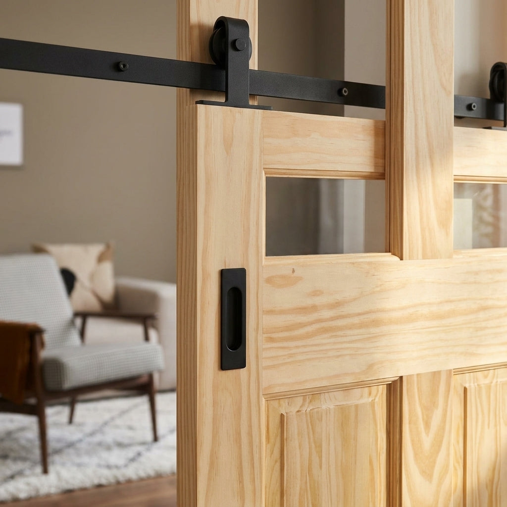 Internal Sliding Door Pine Unfinished 2 Panel 2 Light Clear Glass - detail view