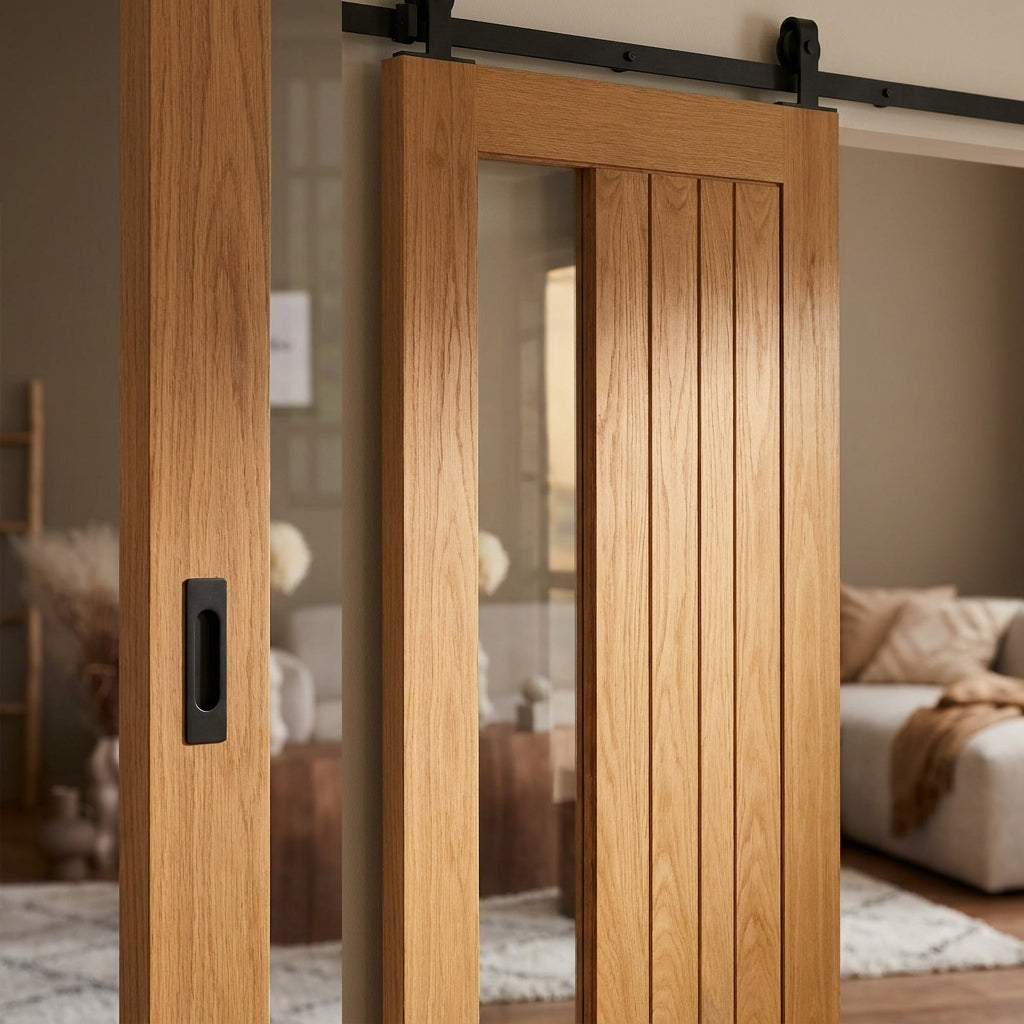 Internal Oak Sliding Door with 1 Light Clear Glazing, Fully Finished - detail view