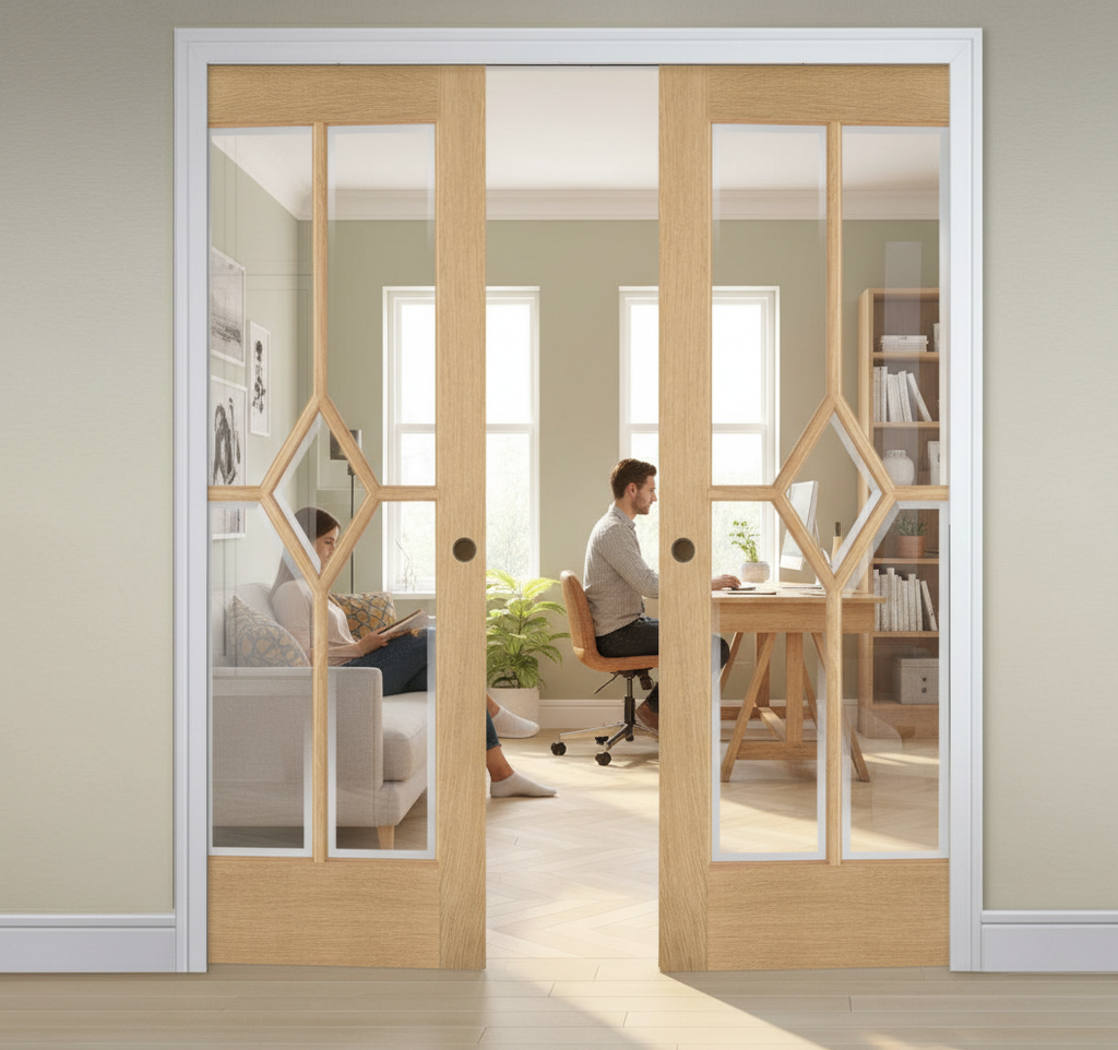 Premium Clear Glazed Double Pocket Door System with 5 Panels and Adjustable Frame Dimensions