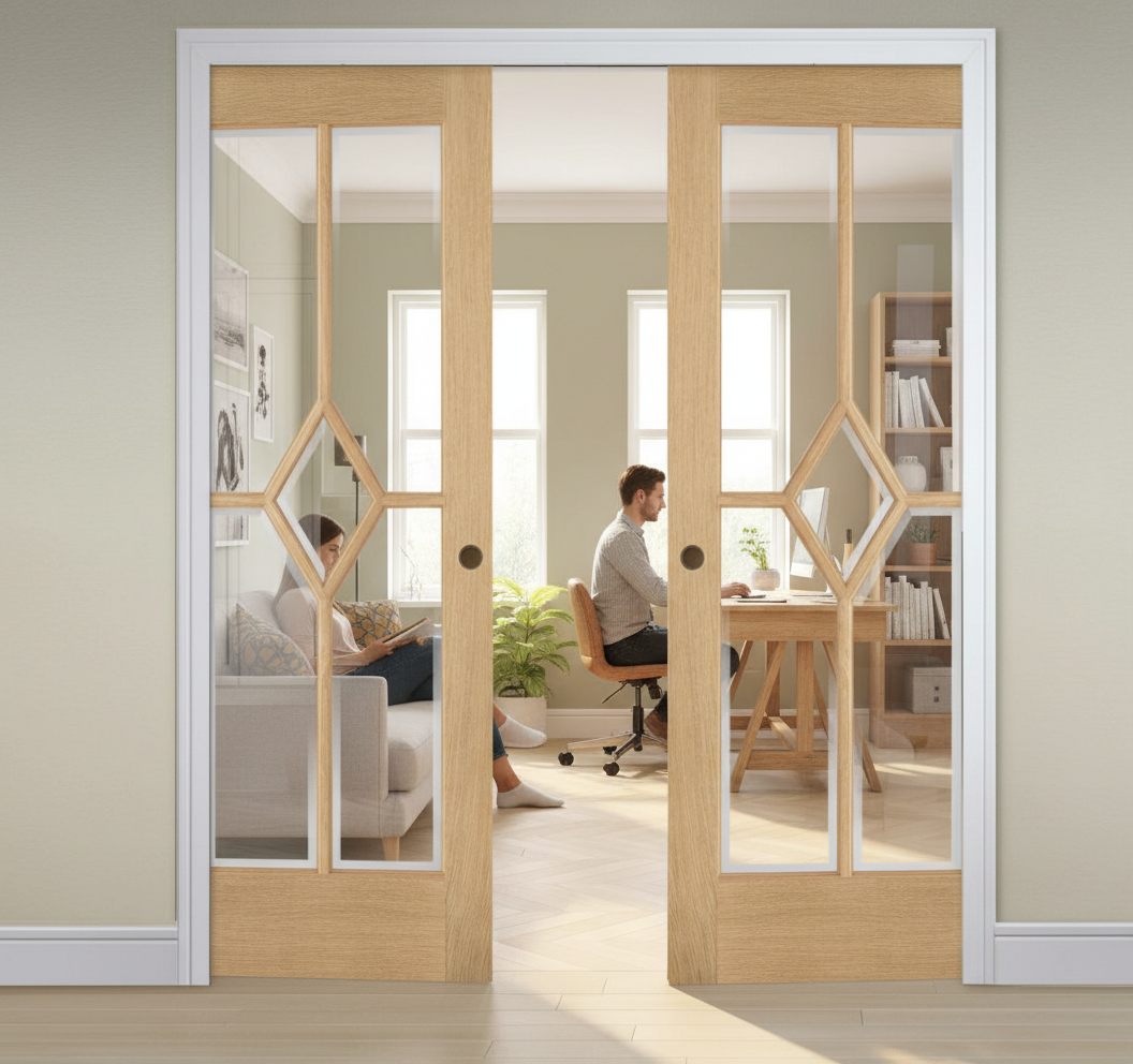 Premium Clear Glazed Double Pocket Door System with 5 Panels and Adjustable Frame Dimensions