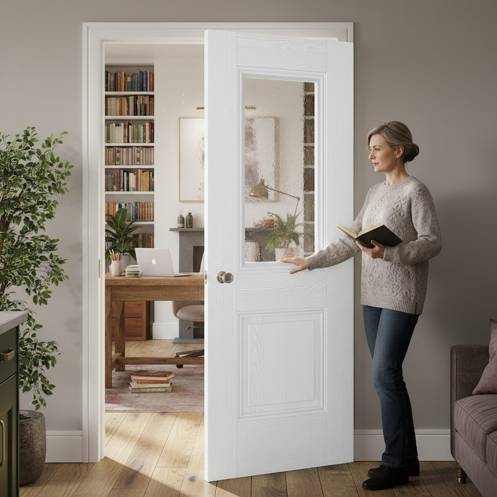 Premium Grained White Internal Door with Clear Bevelled Glazing and Engineered Construction for Strength and Stability