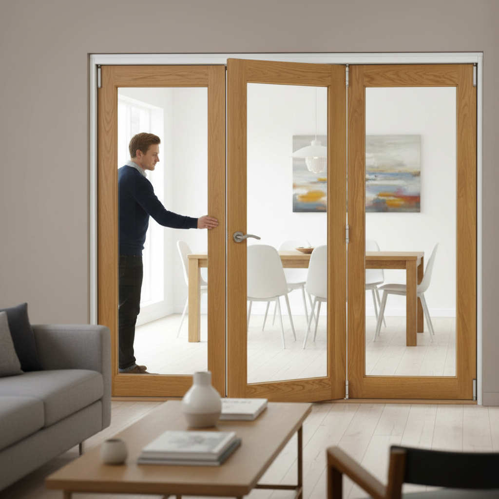 Premium 9ft Internal Folding Bifold Doors - High-Quality Oak with Reversible Design and Durable Hardware