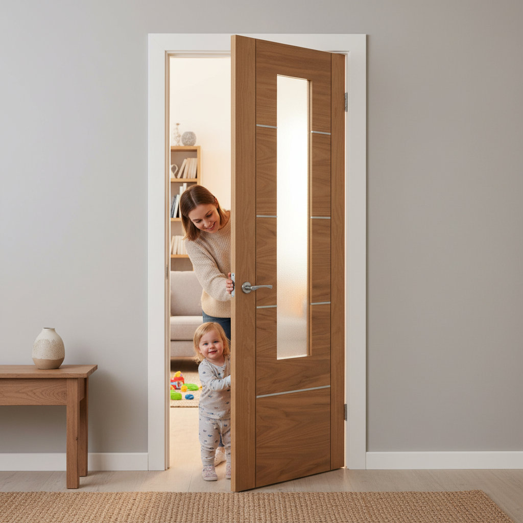 Premium Internal Oak Fully Finished Door with Clear Glass Pane and Aluminium Inlays for Modern Interiors - Image 2