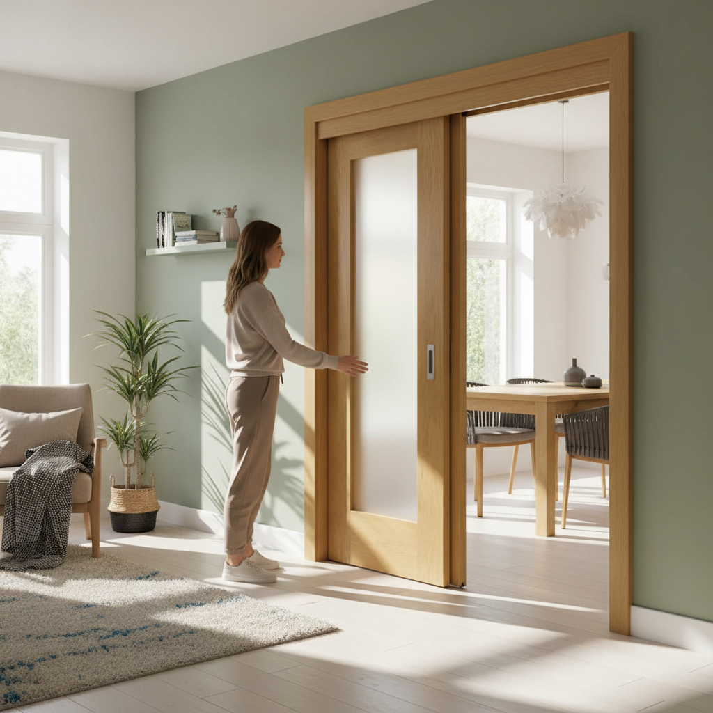 Premium Oak Pattern 10 Sliding Door System with Fixed Panel for Space Saving Solutions and Custom Designs