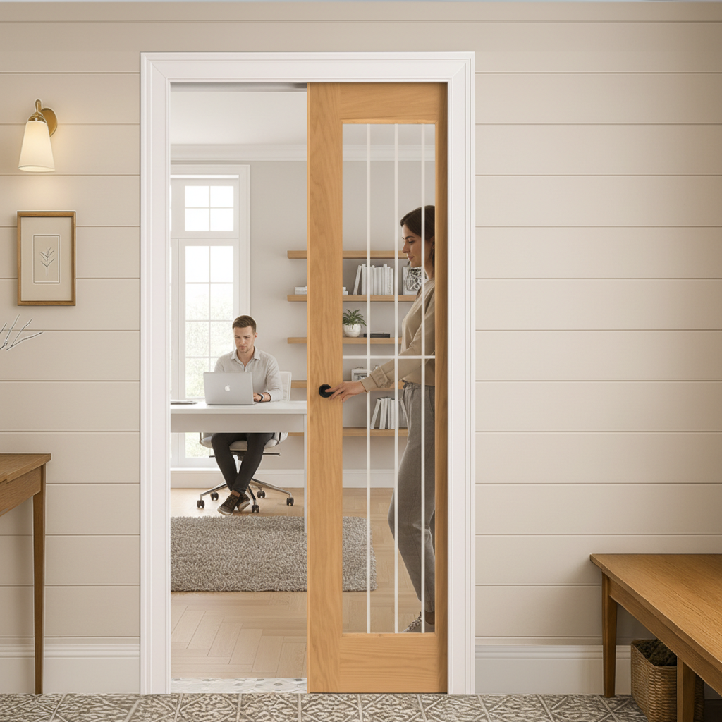 Premium Oak Glazed Pocket Door Set with Galvanised Steel Frame and Adjustable Jamb Options