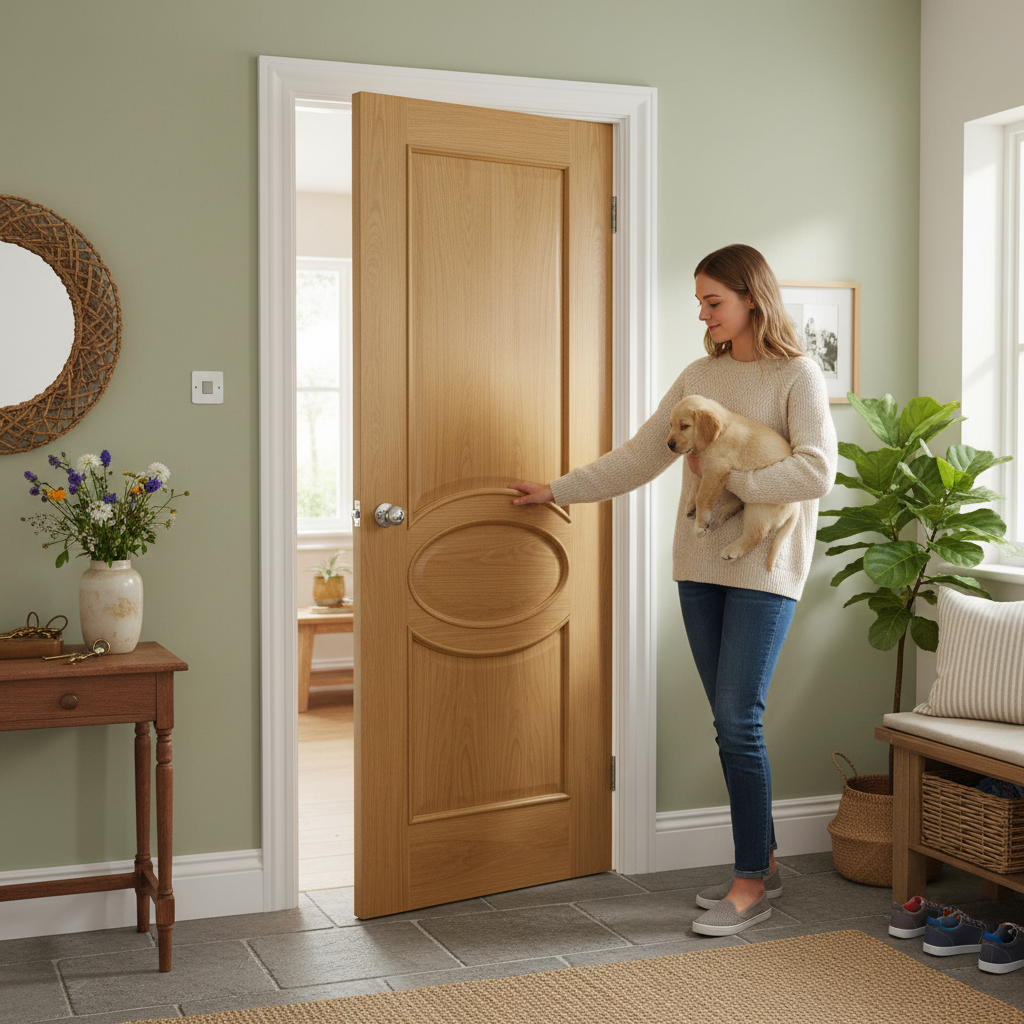 Premium Oak Internal Door with Raised Mouldings and Clear Bevelled Safety Glass - High-Quality Professional Grade for Industrial and Commercial App...