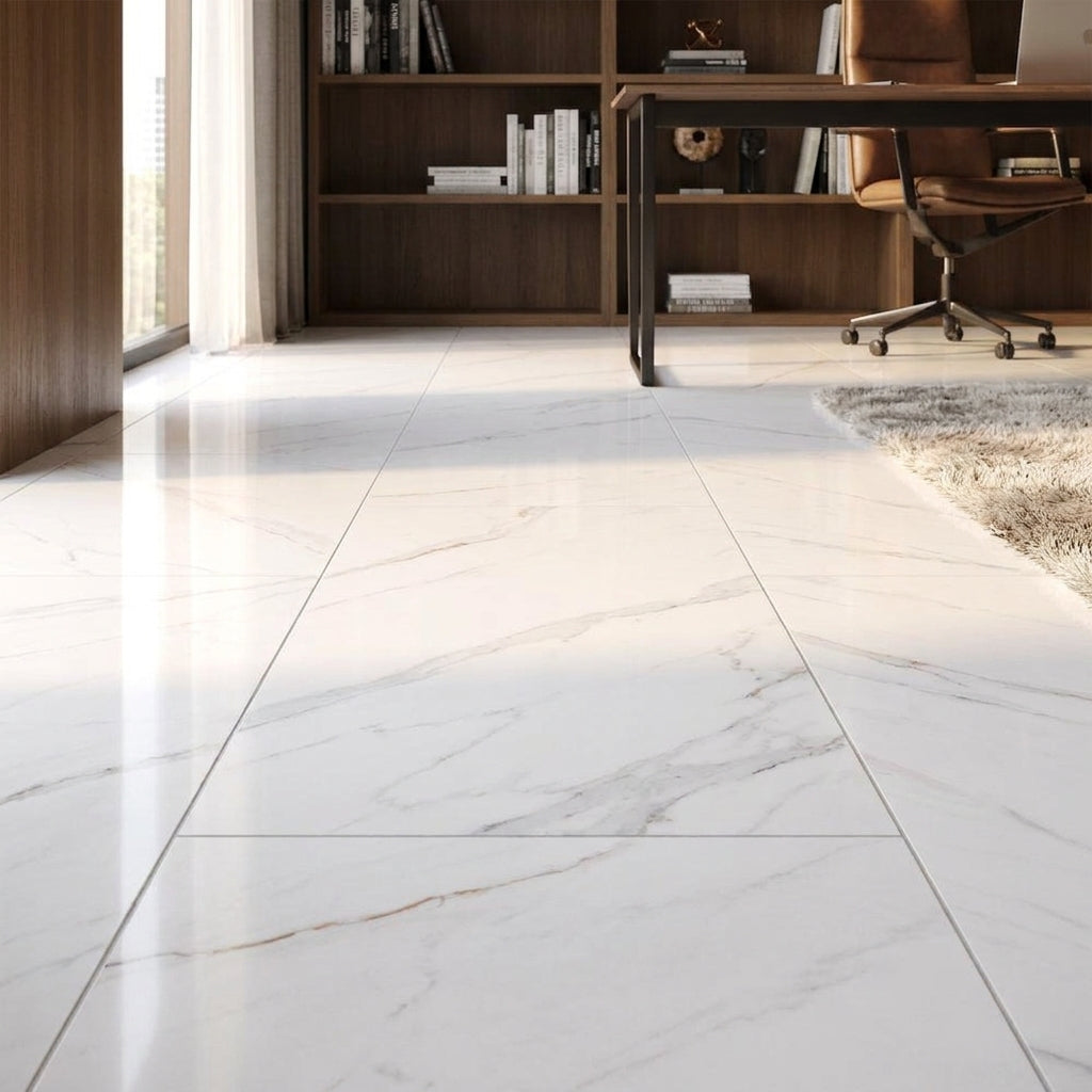 8mm High Gloss White Marble Laminate Flooring with 4V Bevel Edge - detail view