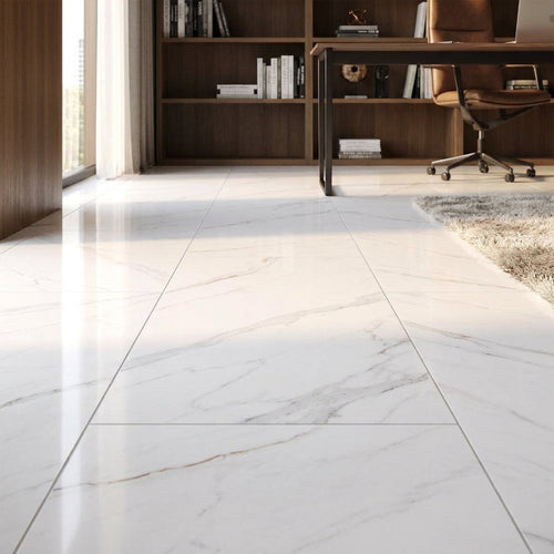 8mm High Gloss White Marble Laminate Flooring with 4V Bevel Edge - detail view