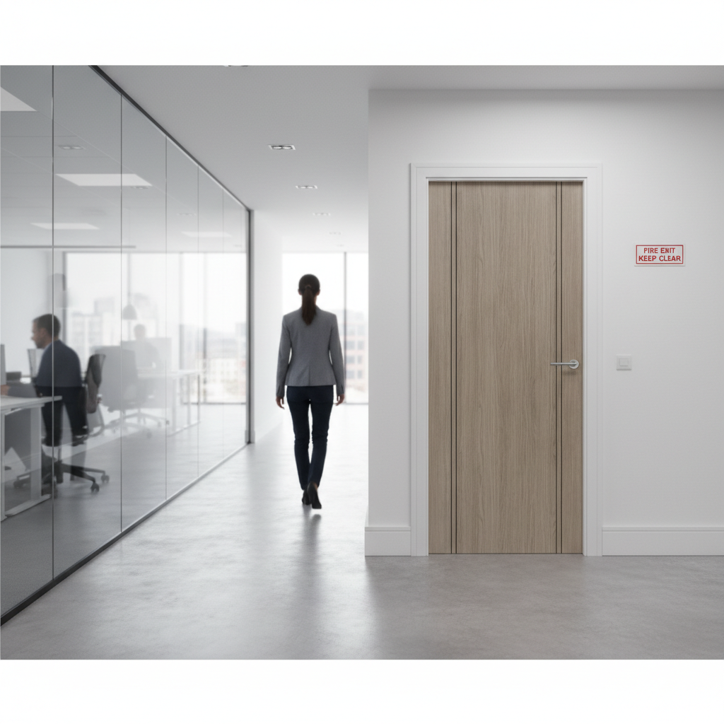 Premium Light Grey Laminate Fire Door with Solid Black Inlays, FD30 Fire Rating, and Low Maintenance Finish
