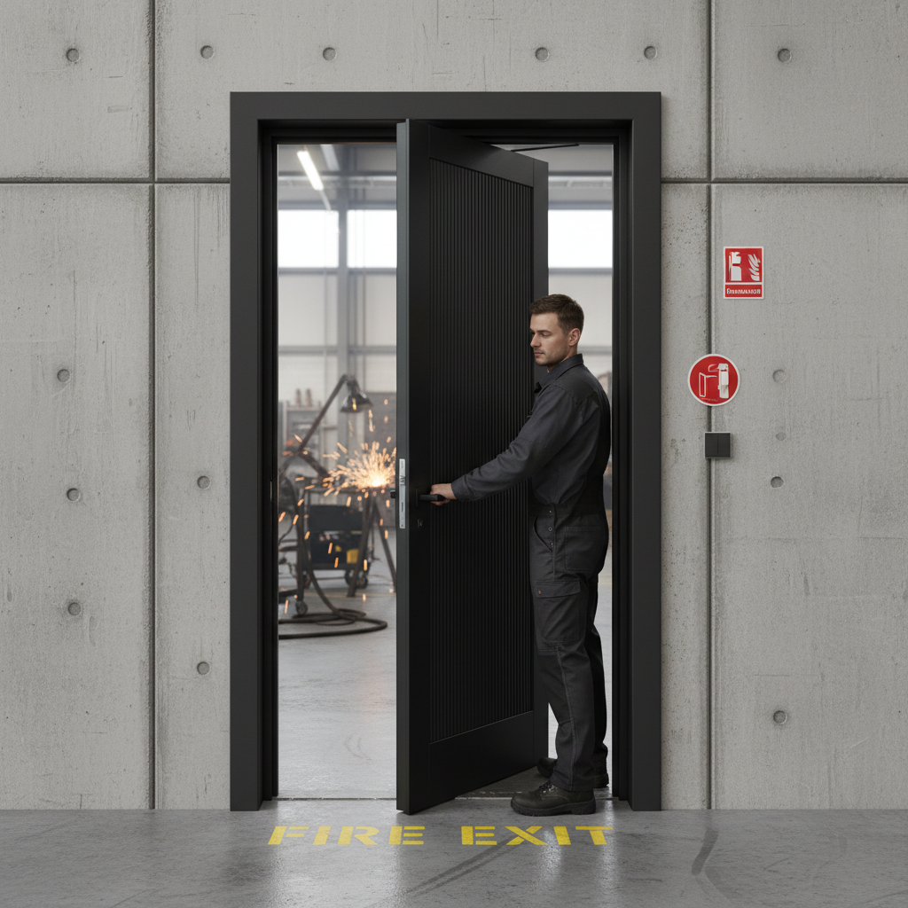 Premium Contemporary Reeded Fire Door with Black Finish and Solid Engineered Core for Enhanced Safety and Style