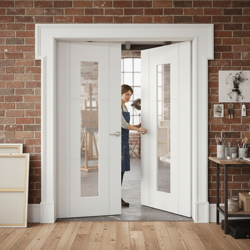 Premium Internal White Primed 3 Panel 1 Light Obscure Glass Pair Door for Elegant Home Design