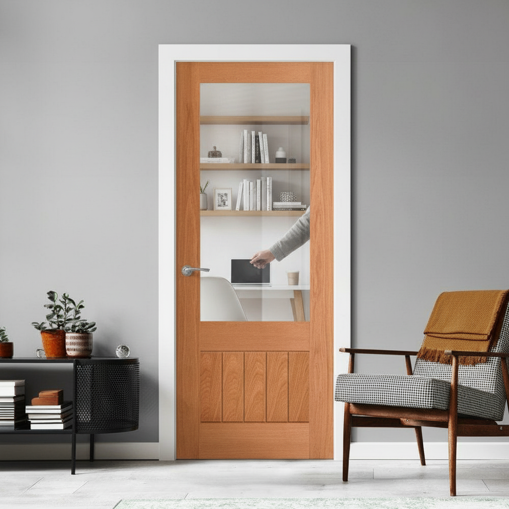 Oak Internal Fully Finished Fire Door with Clear Glass Panel - 30 Minute Fire Resistance for Safety and Elegance - Image 2