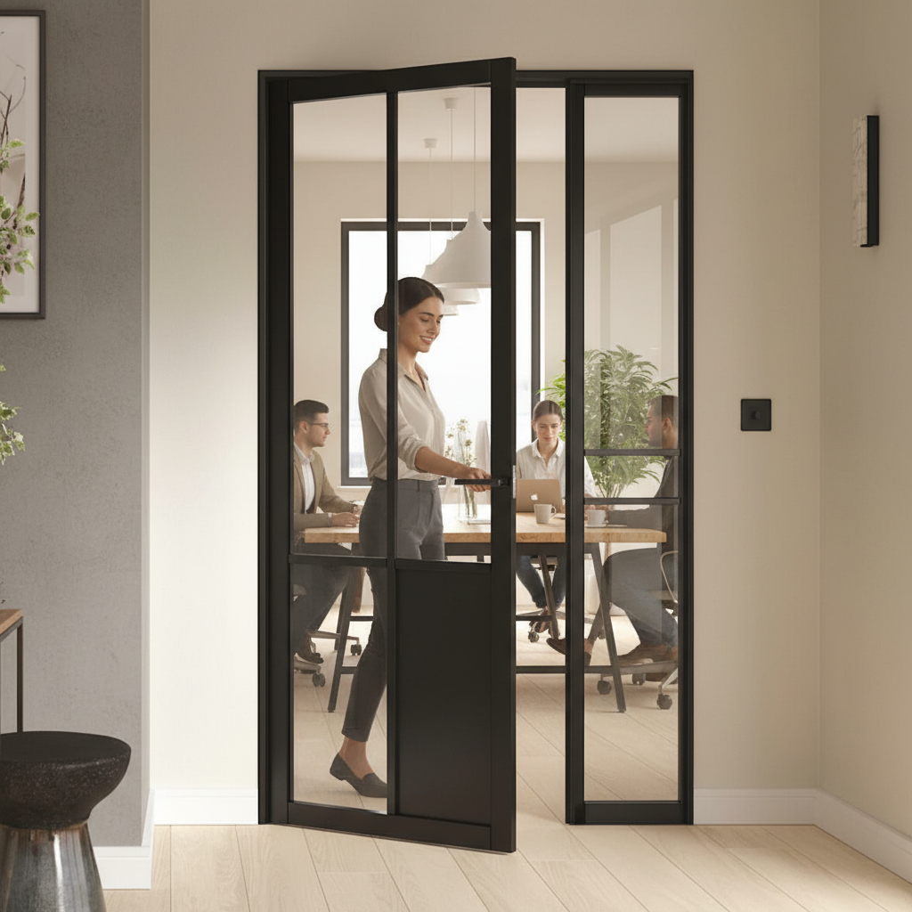 Premium Industrial Style Offset French Doors with Demi Panel for Modern Spaces - Available in Multiple Sizes