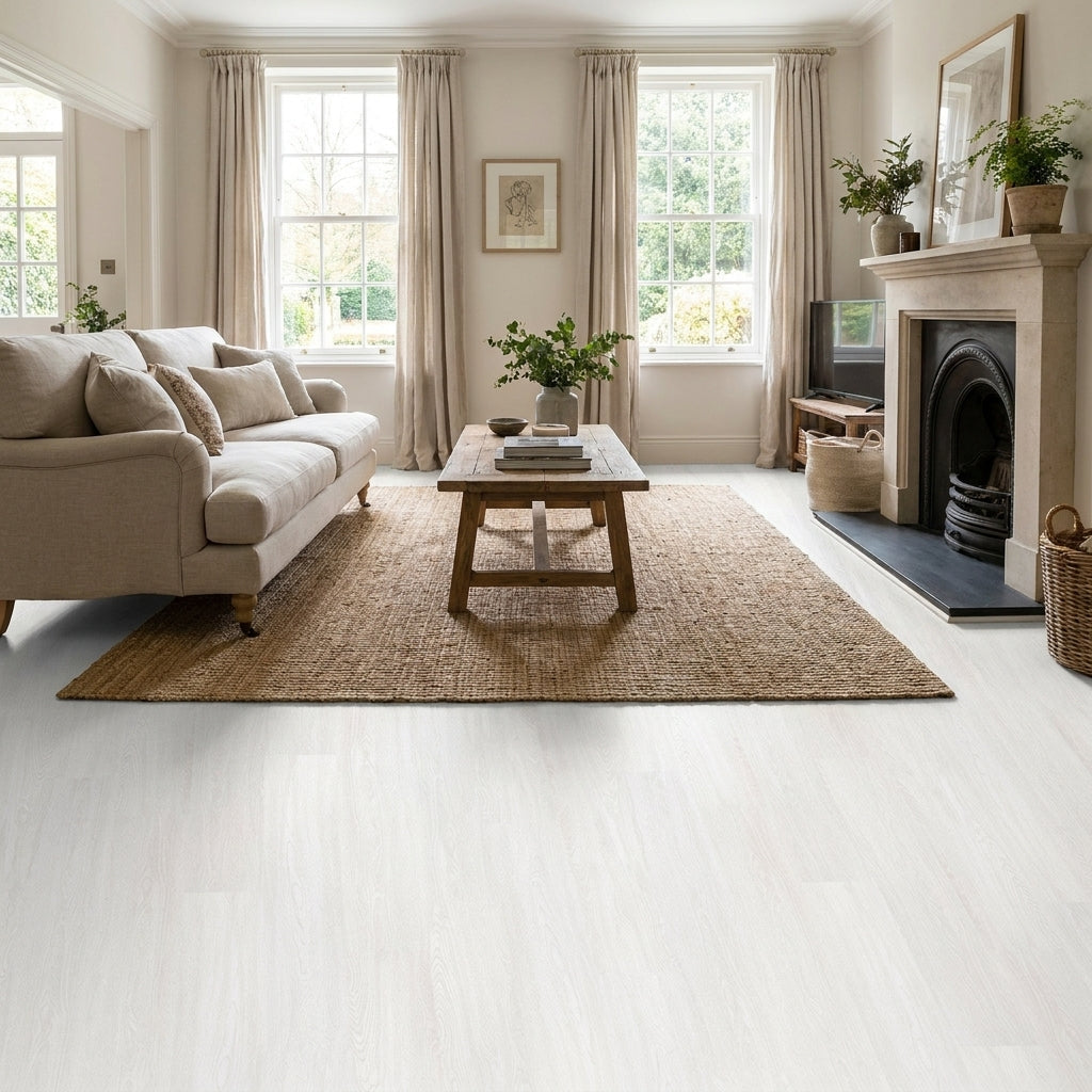 6mm Rigid Core Vinyl Flooring in Misty White, 100% Waterproof, 0.55 Wear Layer