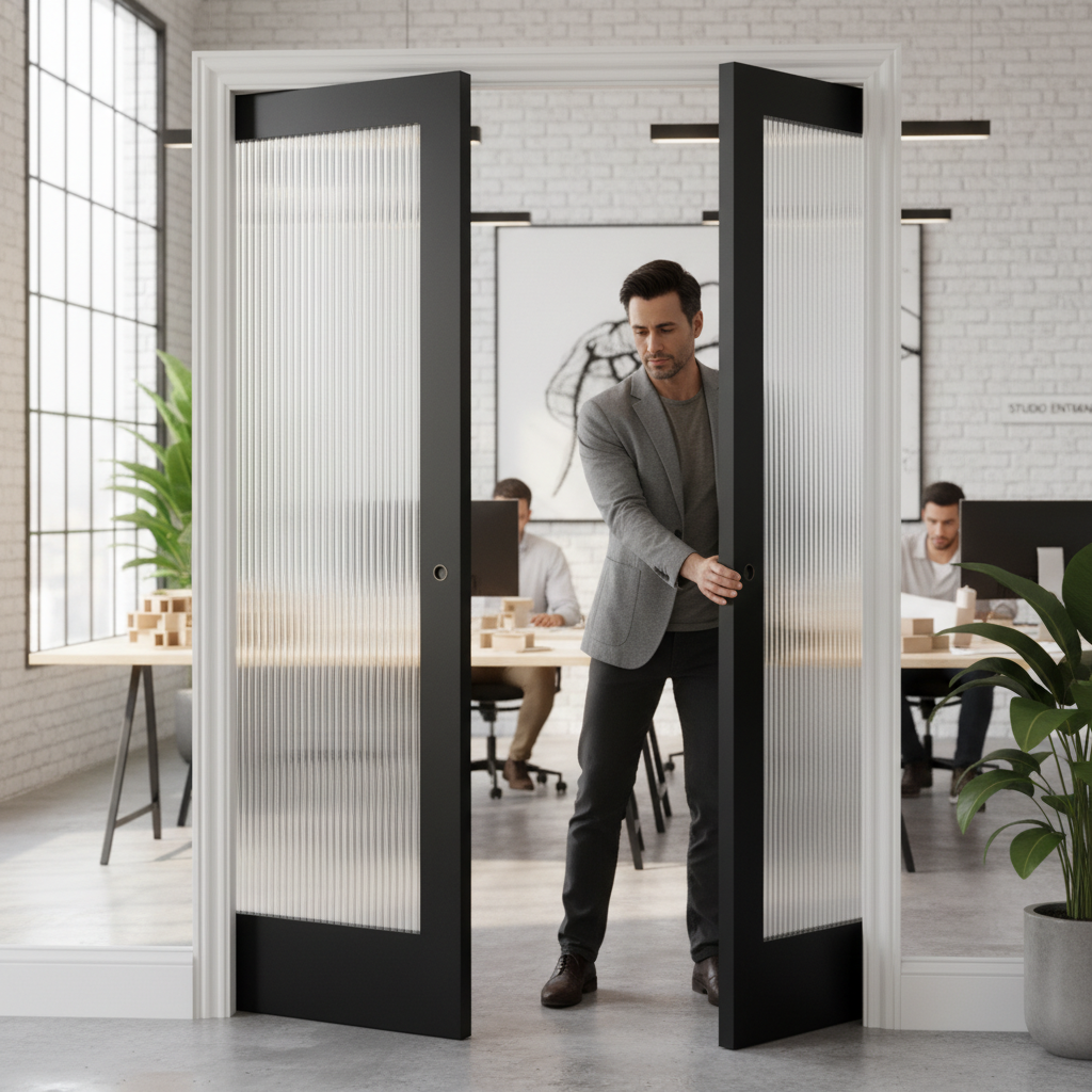 Premium Reeded Glazed Double Pocket Door Set with Galvanised Steel Frame and 35mm Thick Doors for Contemporary Interiors