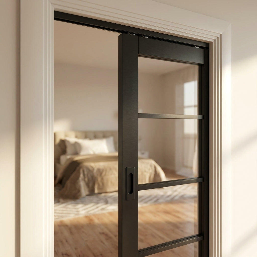 Internal Pocket Door Set, Jet Black, Fully Finished, 4 Light Clear Glass Design - detail view