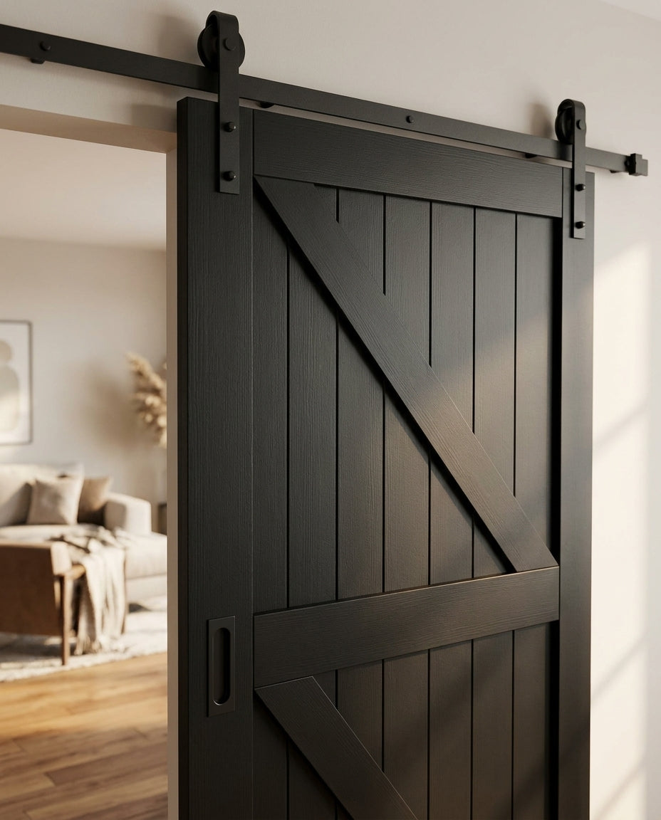 Black Internal Sliding Barn Door, Primed Finish, Z Brace Design - detail view