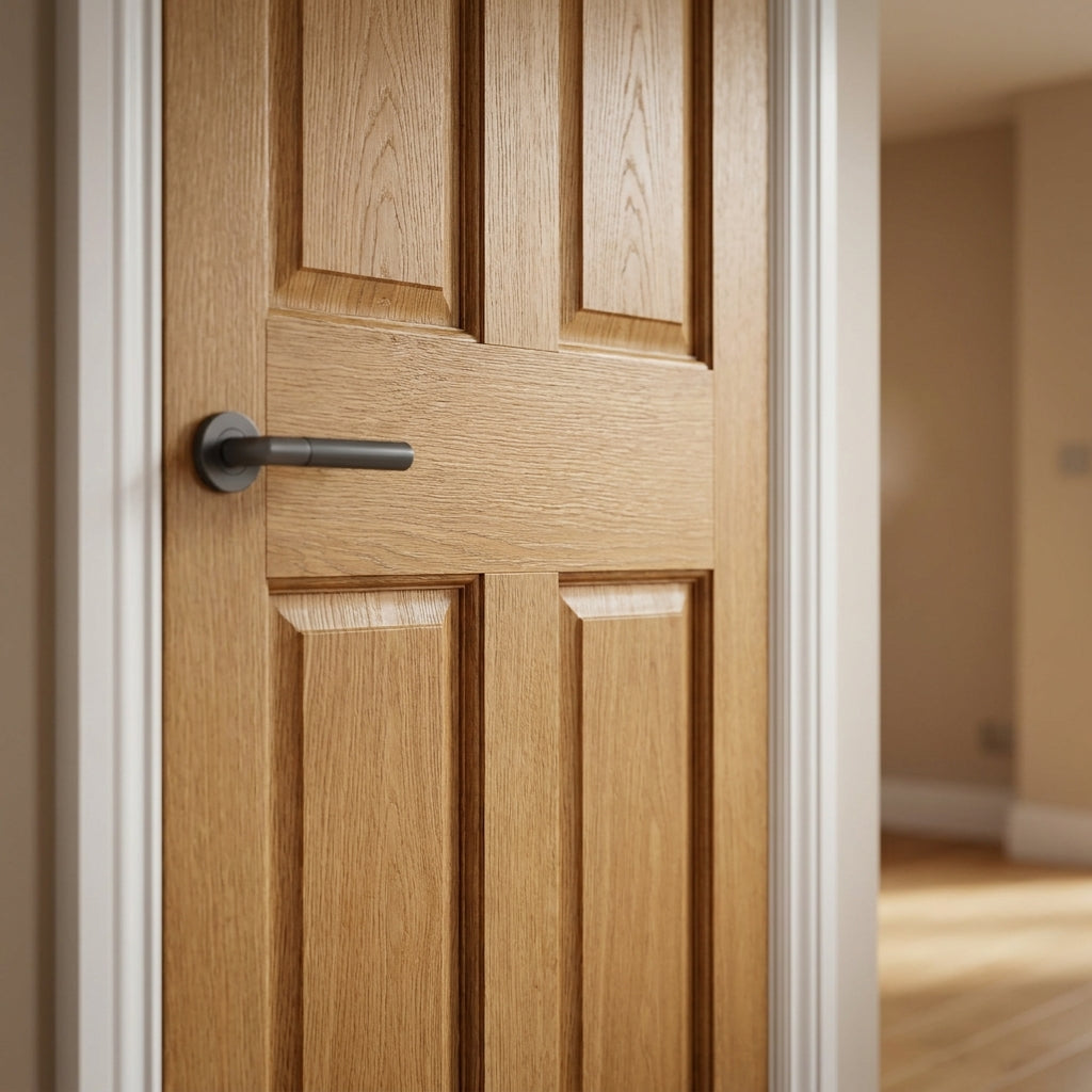 Internal Oak FD30 Fire Door Unfinished Traditional 4 Panel Victorian Design - detail view