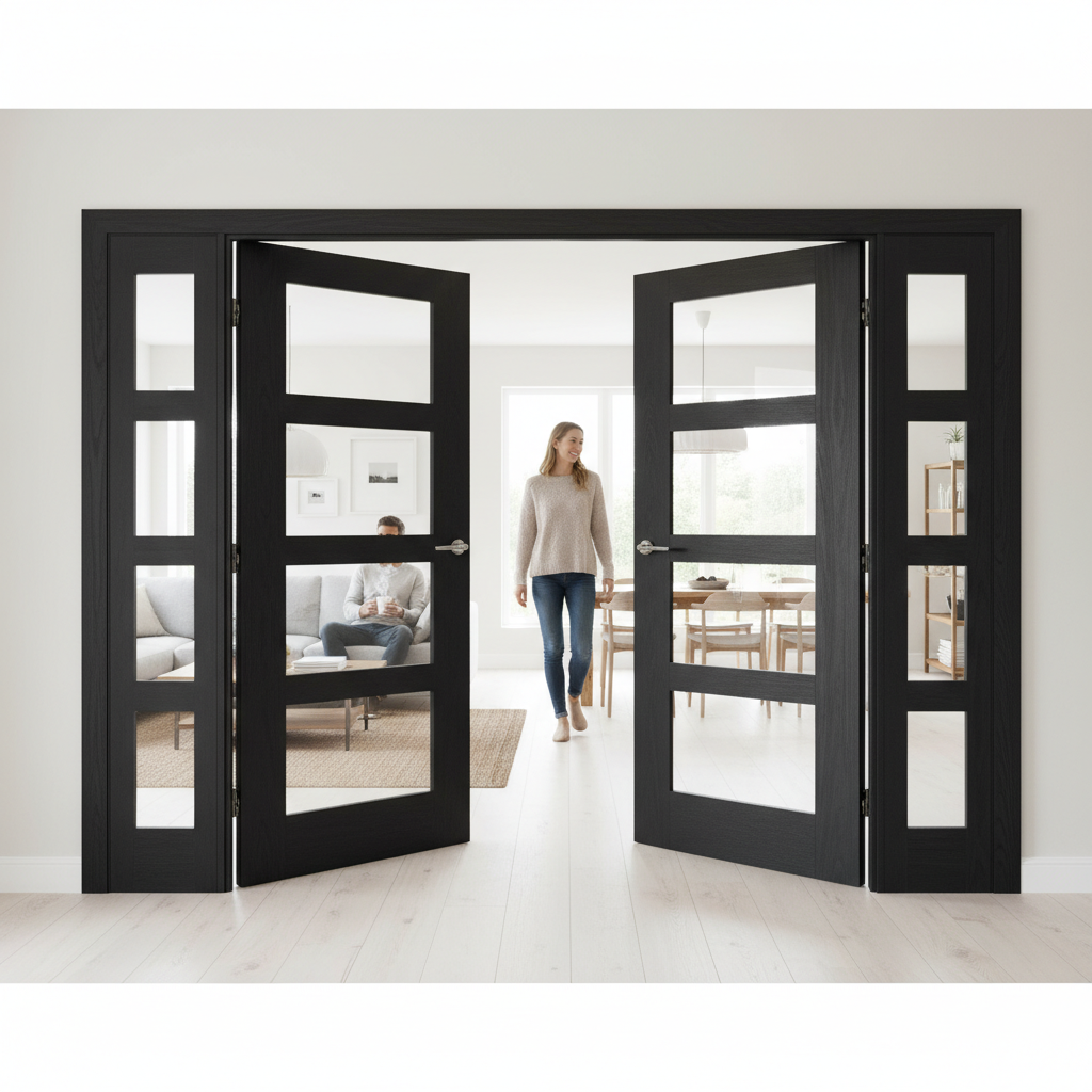 Premium Clear Glazed Brushed Black Oak French Doors with Demi Panels for Elegant Room Dividers