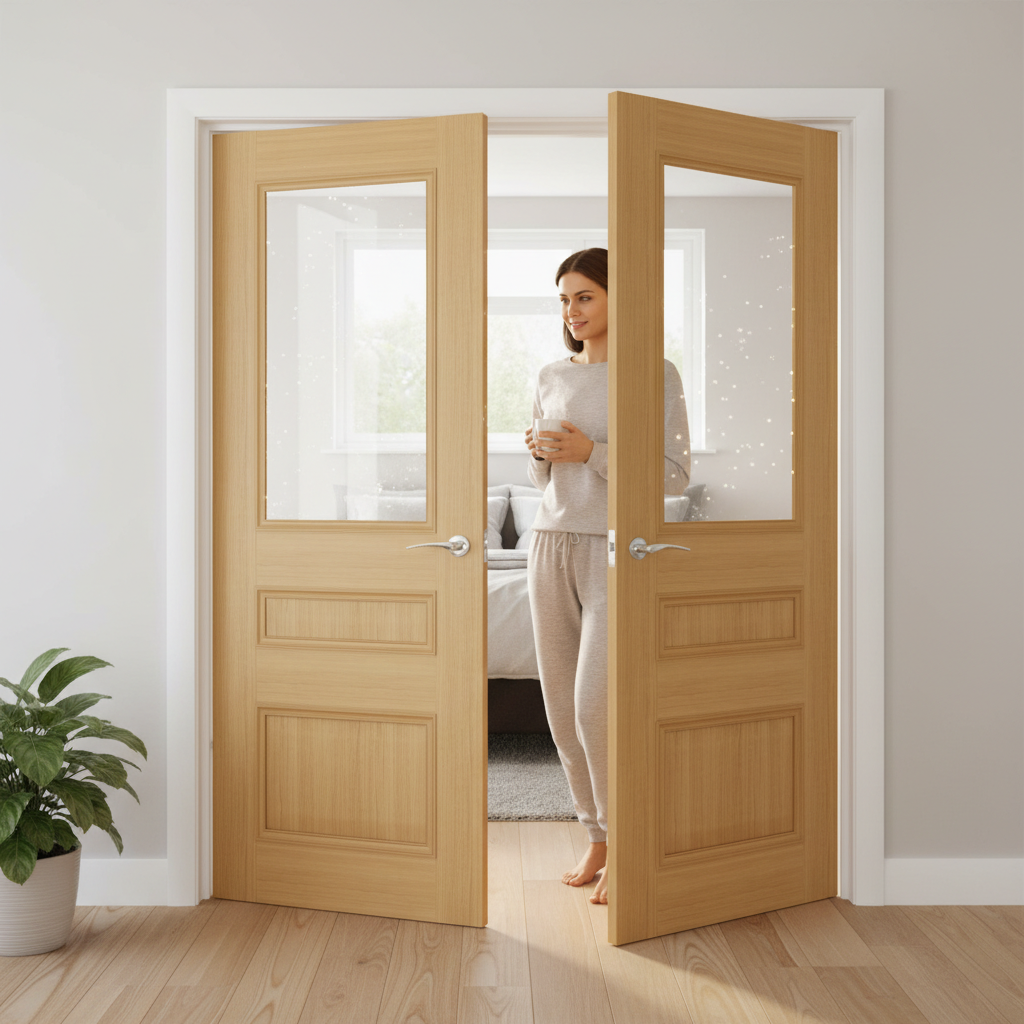 Premium Clear Glazed Oak Door Pair with Solid Core and Custom Size Options for Modern Interiors