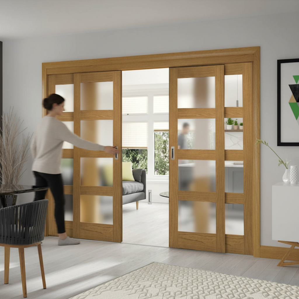 Premium Sliding French Doors with Obscure Glazed Design and Fixed End Panels for Space Saving Solutions
