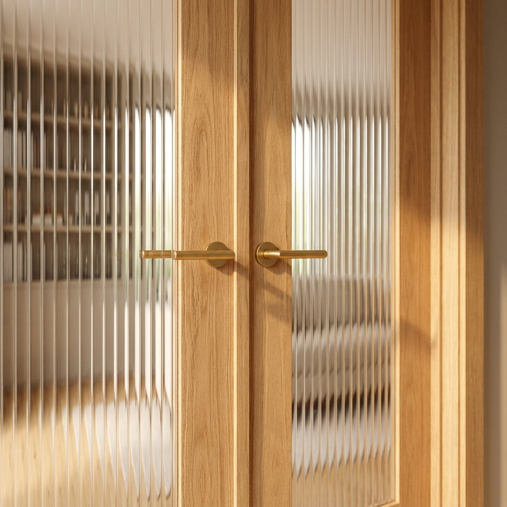 Internal Oak Double Door Fully Finished with 1 Light Reeded Glass - detail view