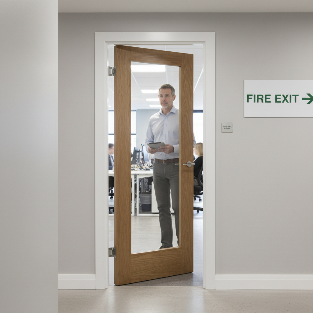 Premium Clear Glazed Fire Door with Oak Veneer and Toughened Safety Glass - Engineered Construction for Enhanced Performance