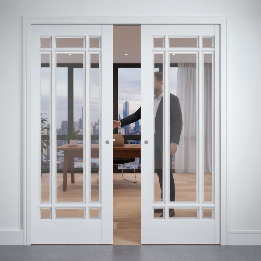 Premium White Glazed Telescopic Pocket Door Set with Wooden Frame and Synchronization Option for Wide Openings