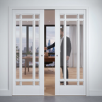 Premium White Glazed Telescopic Pocket Door Set with Wooden Frame and Synchronization Option for Wide Openings